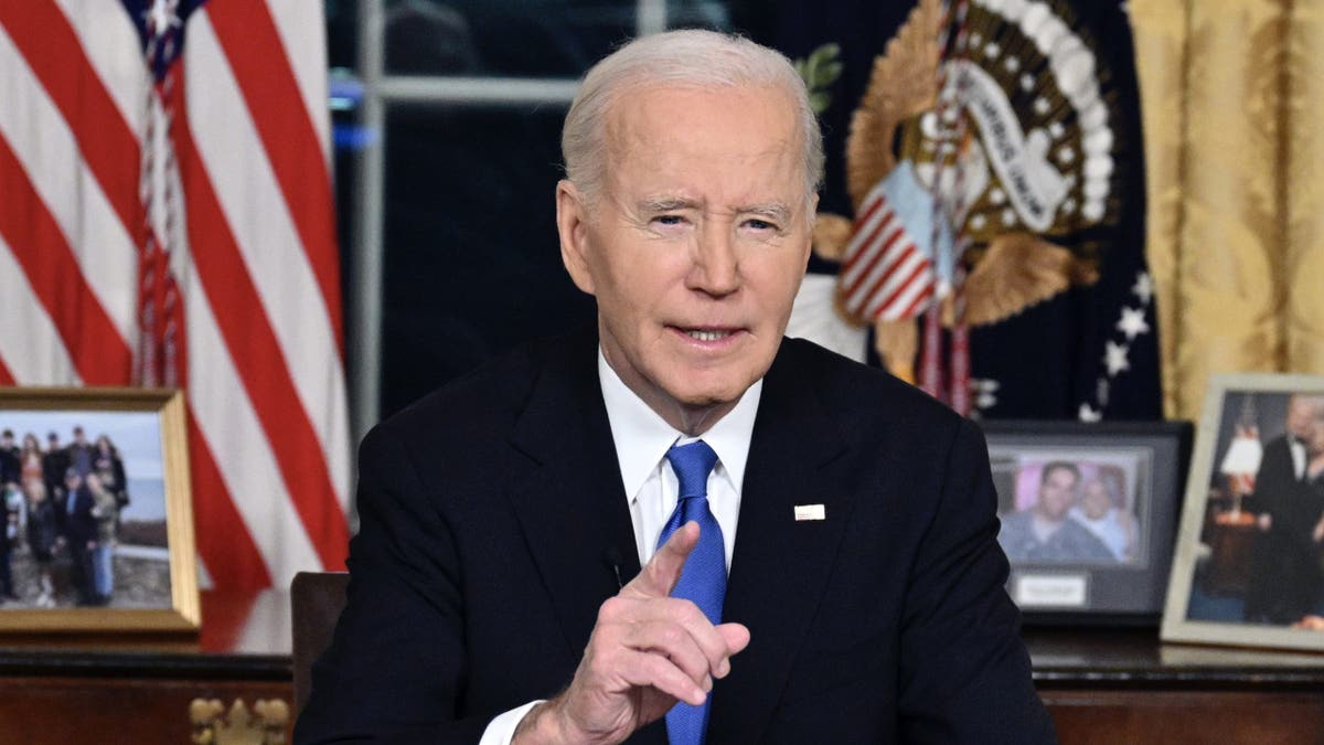 President Joe Biden speaks from the Oval Office of the White House as he gives his farewell address Wednesday, Jan. 15, 2025, in Washington.&nbsp;