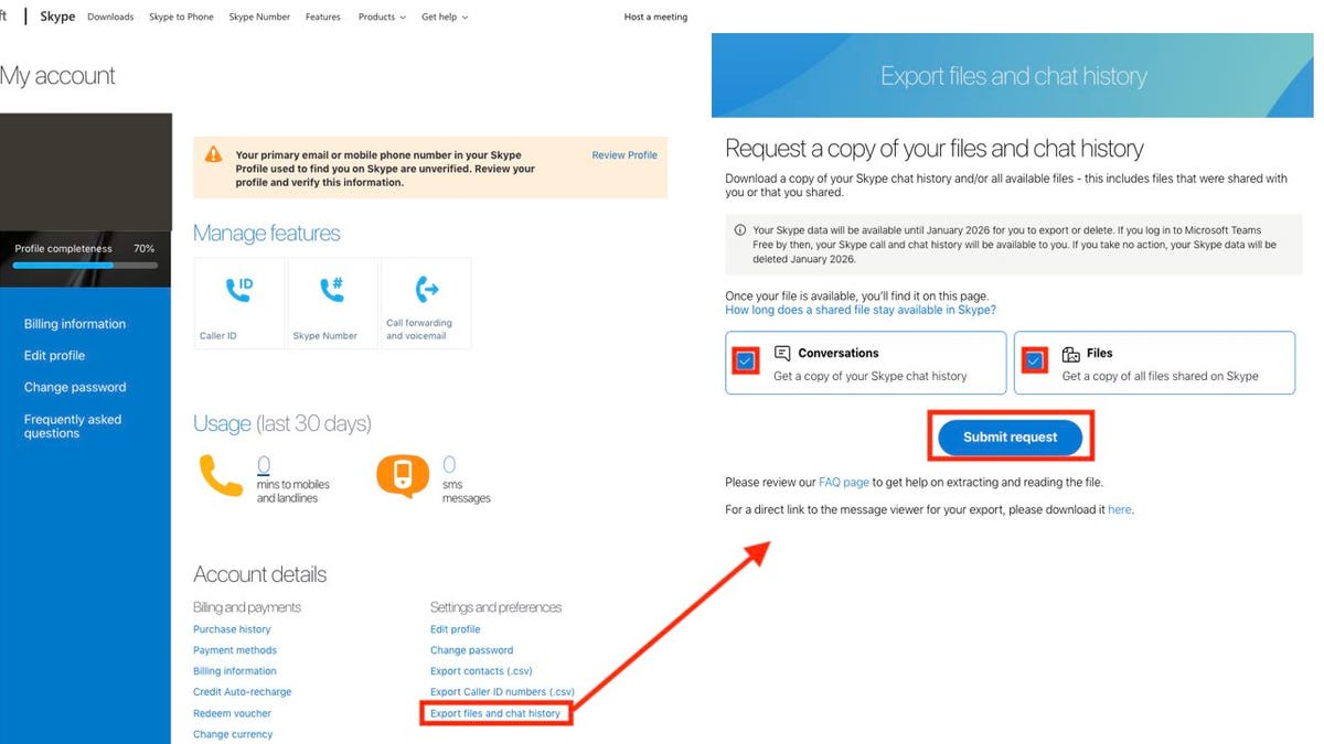 STEPS to export skype