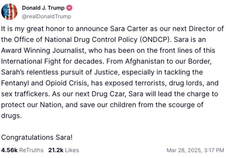 Trump appoints Sara Carter as next drug czar, says she 'will lead the charge to protect' US