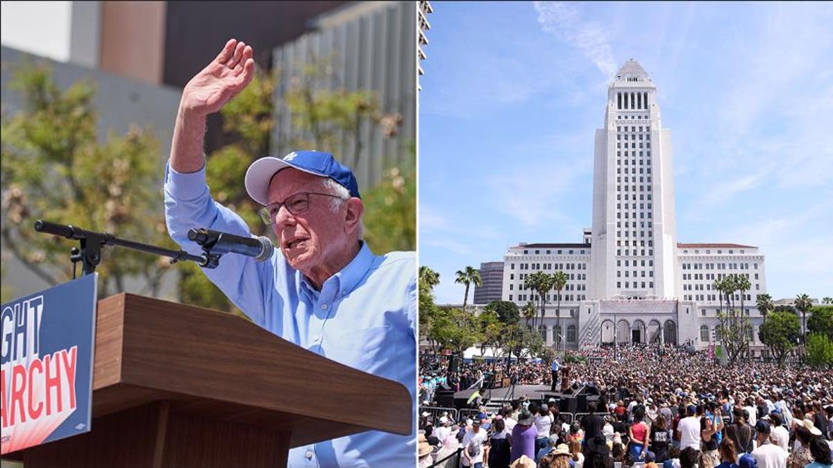 A split of Bernie speaking and the crowd