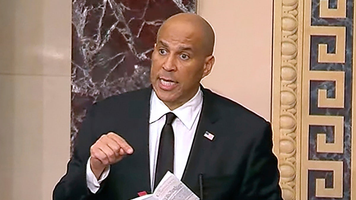 In this image provided by Senate Television, Sen, Cory Booker, D-N.J. speaks on the Senate floor, Tuesday morning, April 1, 2025.