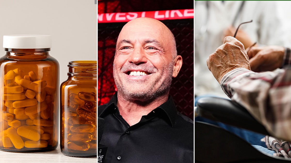 Three-way split for Health newsletter of vitamins, Joe Rogan, and the hand of an elderly man