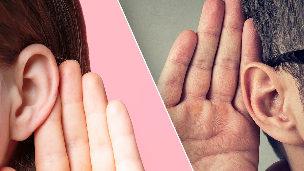 Side by side of a woman's ear and a man's ear, both listening