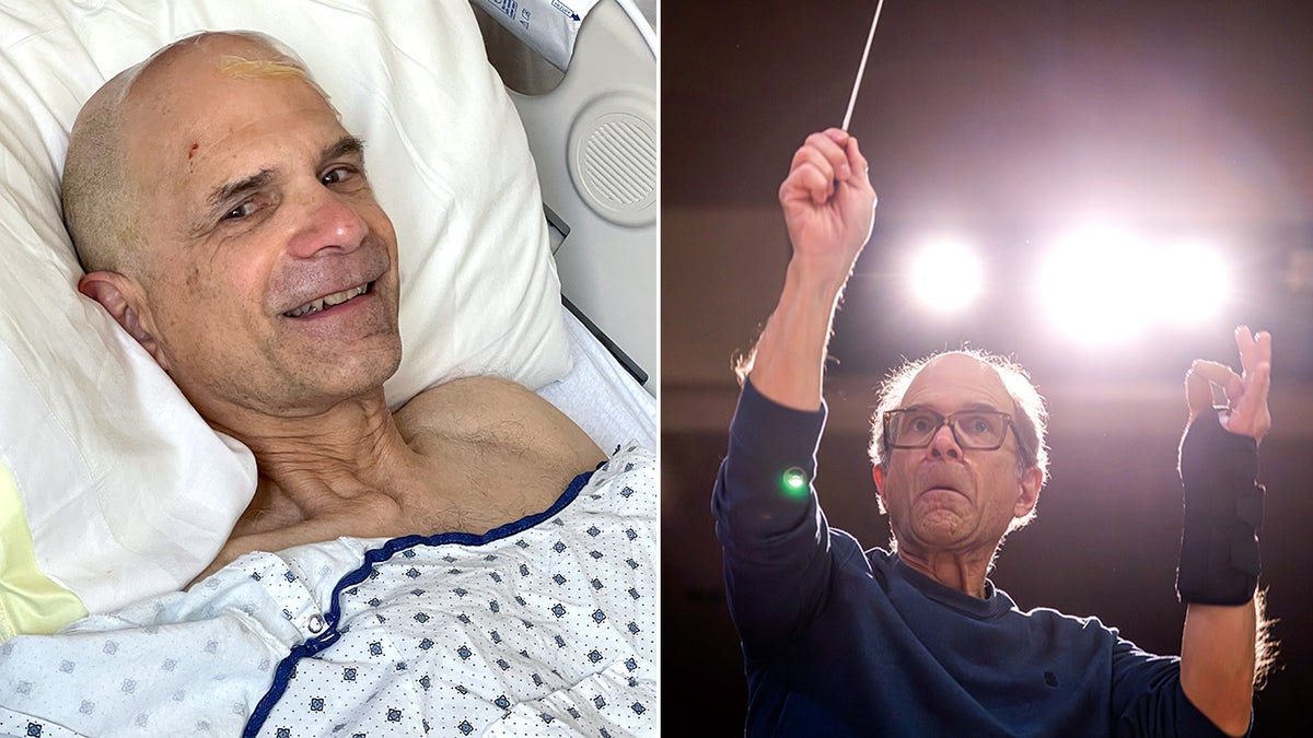 Music conductor, Rand Laycock, is pictured in a side-by-side image. On the left he lays in a hospital bed wearing a gown as he looks into the camera with a tired smile, his forehead bandaged. On the right, he is pictured from the front underneath stage lights illuminating his silhouette as he conducts his (un-pictured) orchestra with a wand in his right hand, appearing focused with his thumb and index finger touching on his right hand with a fingerless glove.