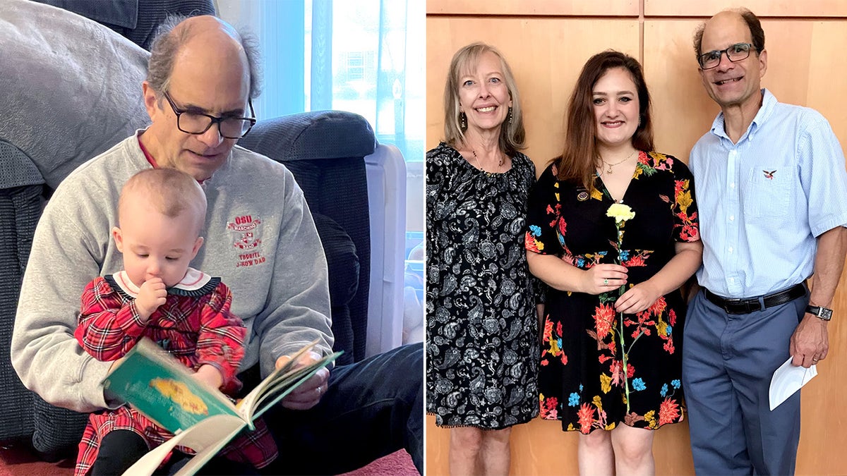 In a side-by-side image, (on the left) music conductor with Parkinson's disease, Rand Laycock sits on the floor with what appears to be his granddaughter on his right leg, holding an open storybook as they both look down at one of its pages. On the right side, Laycock is pictured with what appears to be his wife on the left side and his daughter holding a yellow flower in the middle as they all face the camera smiling