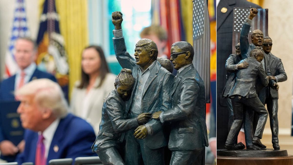 A statue of depicting the attempted assassination attempt on President Donald Trump in Butler, PA, last year was seen displayed in the Oval Office on Friday.