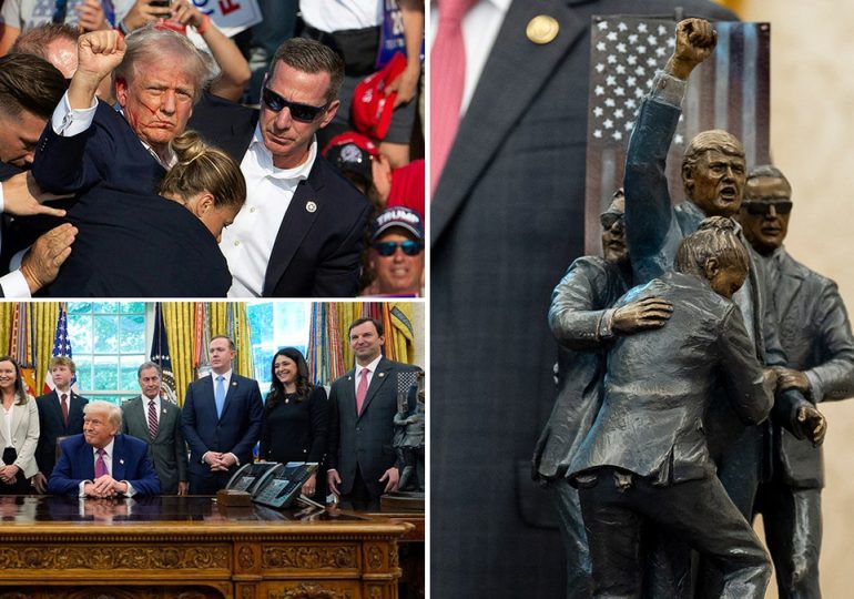Sculpture depicting iconic Trump assassination attempt photo displayed in Oval Office