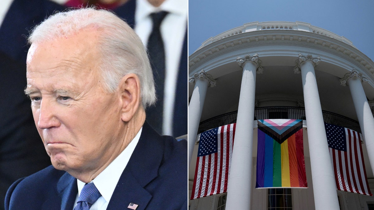 Left: President Joe Biden at Donald Trump's inauguration; Right: American flags and pride flag on White House