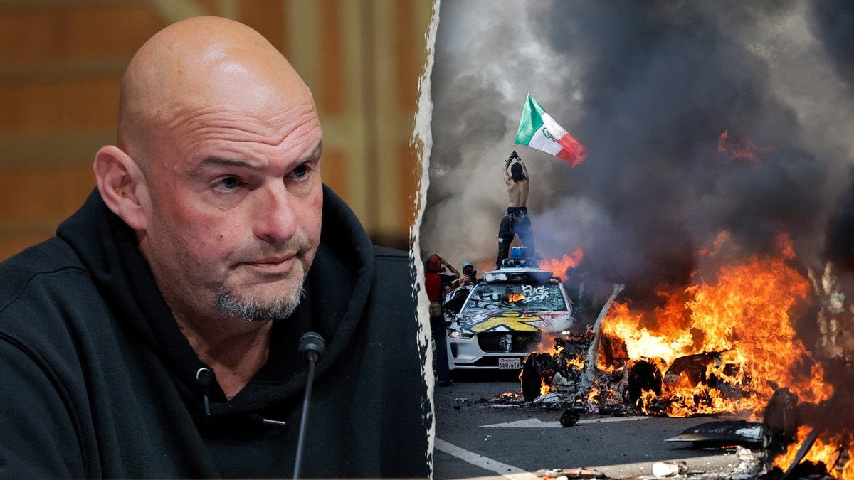 Left: Sen. John Fetterman; Right: Protestor with Mexican flag as cars burn