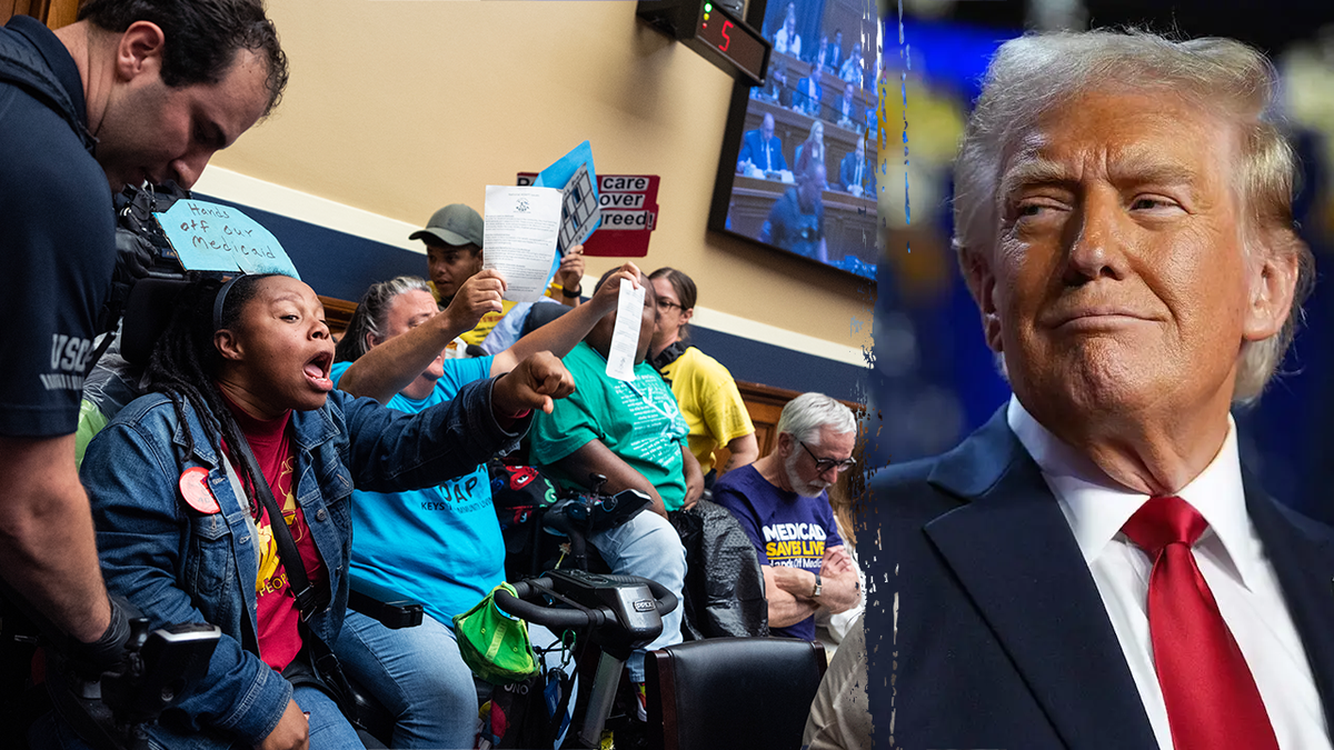 Medicaid protesters, left; President Trump, right