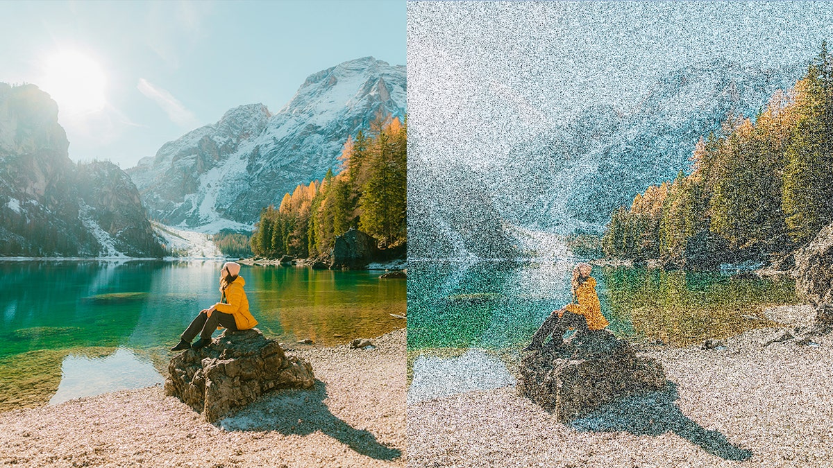 a woman sitting by a lake and mountains next to a depiction of visual snow syndrome vision