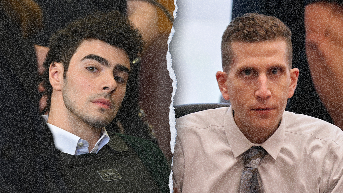 Side by side of Luigi Mangione and Bryan Kohberger with snow filter