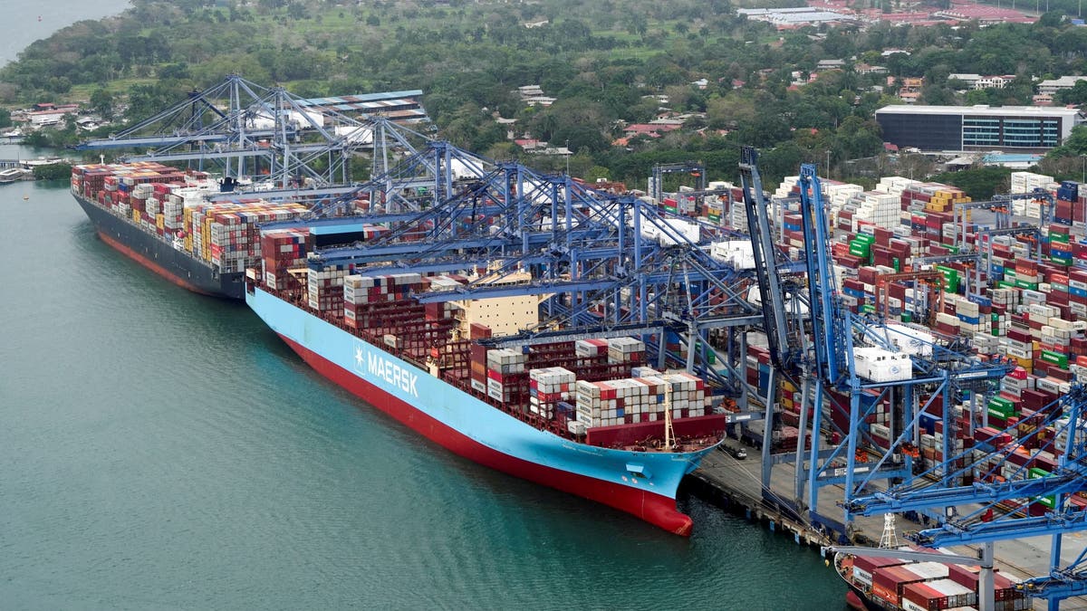 An aerial view shows cargo vessels docked at Balboa Port, operated by Panama Ports Company, on the Panama Canal in Panama City on Feb. 1, 2025.