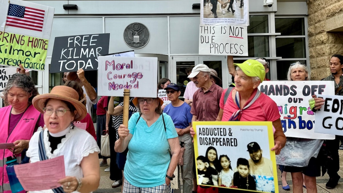 Demonstrators gather outside the U.S. District Court in Greenbelt, Maryland, to protest the Trump administration's deportation of Kilmar Abrego Garcia, who was sent to El Salvador in March in what administration officials said was an administrative error, on July 7, 2025. (Breanne Deppisch/Fox News Digital)