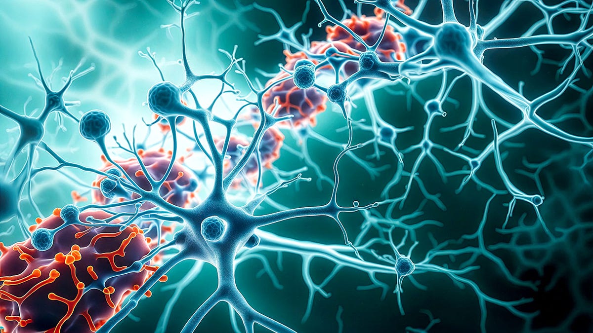 Neurons and Microglia - 3d rendered image of Neuron cell network on black background. Microglial cells are the most prominent immune cells of the central nervous system (CNS). Hologram view interconnected neurons cells with electrical pulses. Conceptual medical image. Glowing synapse. Healthcare concept.