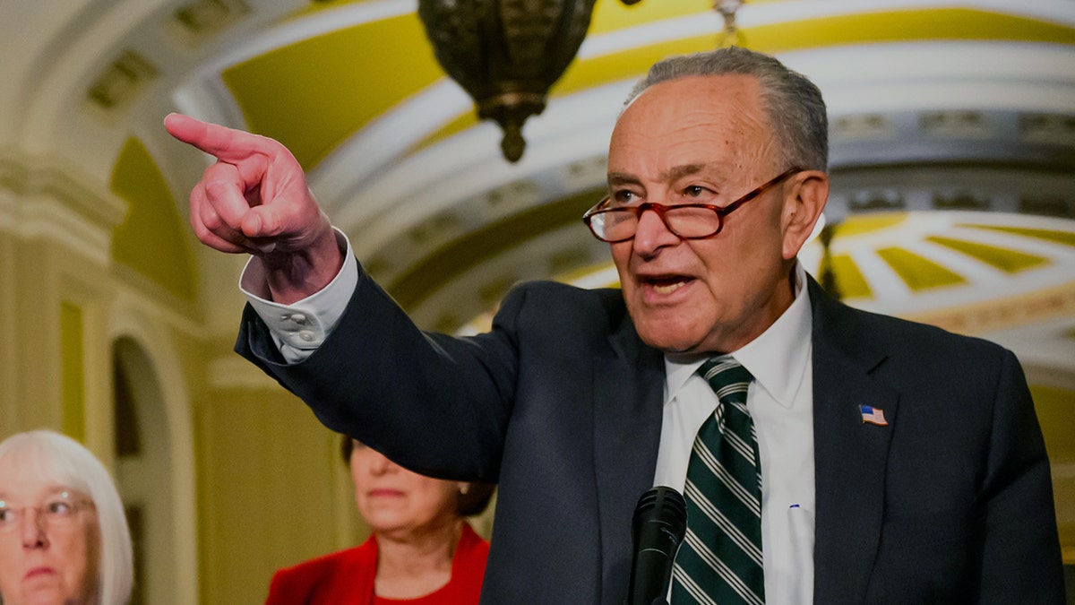 Schumer points during Democratic leadership press conference