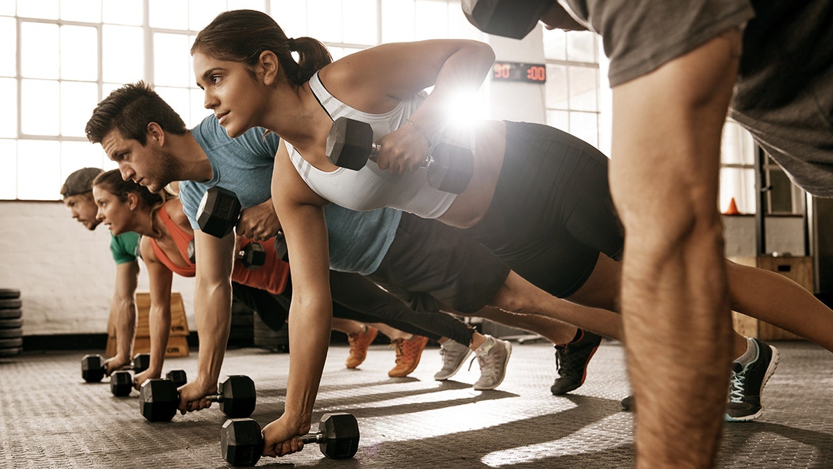 People doing exercises in a group, lifting weights in plank position