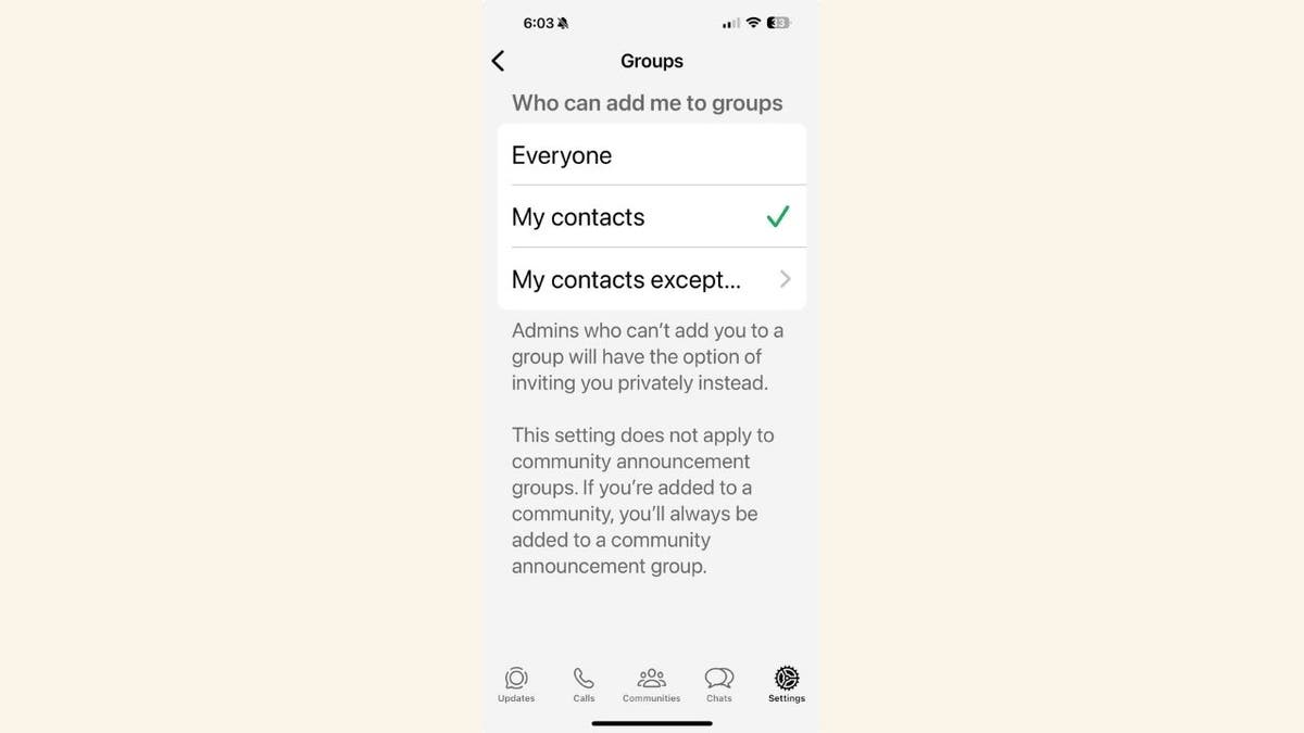 WhatsApp 'Who can add me to groups' setting&nbsp; (Kurt "CyberGuy" Knutsson)&nbsp;&nbsp; 