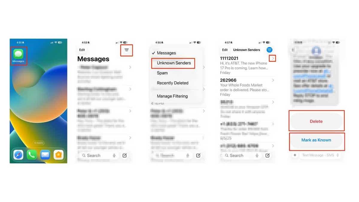 Steps to mark as known or delete the spam in unknown senders folder