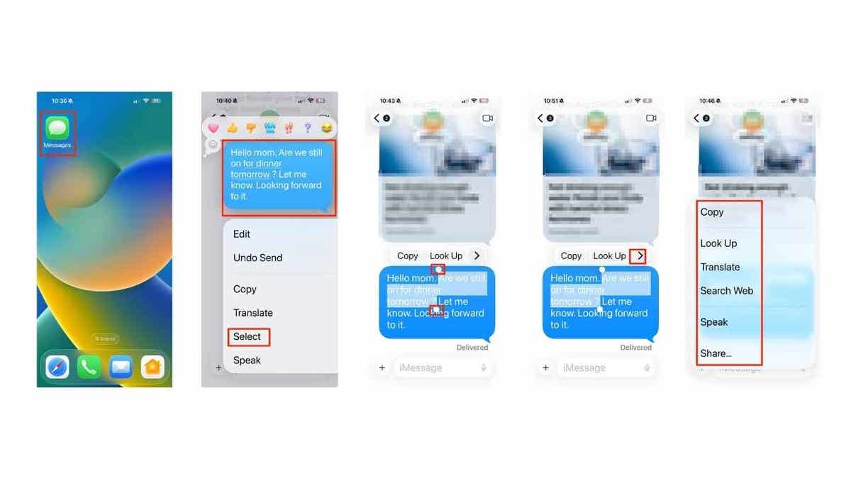 Steps to select specific text in a message