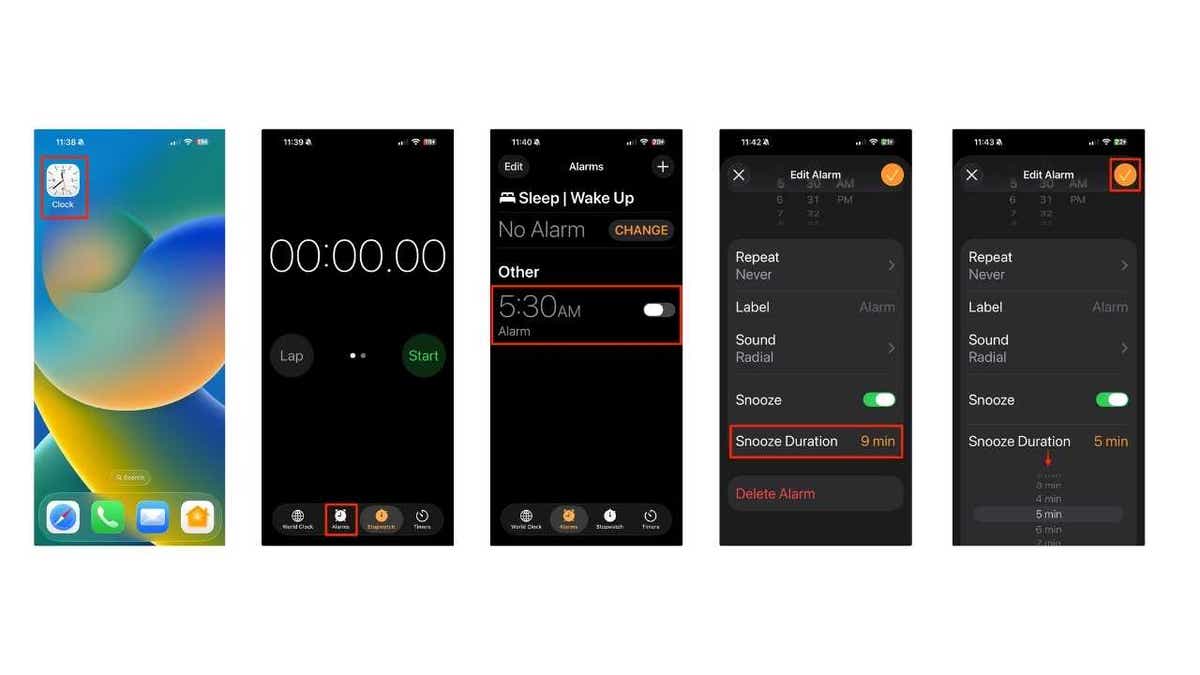 Steps to customize alarm snooze options