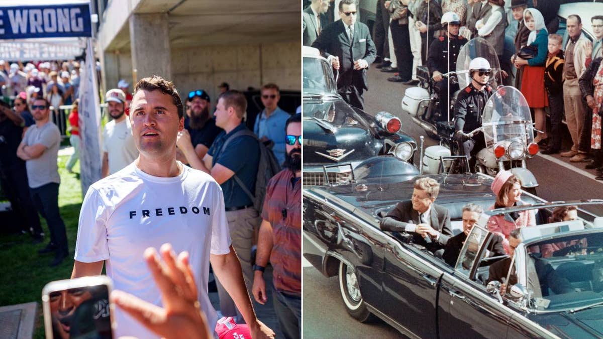 Left split photo of Charlie Kirk, right split photo a photo of JFK in vehicle before he was killed