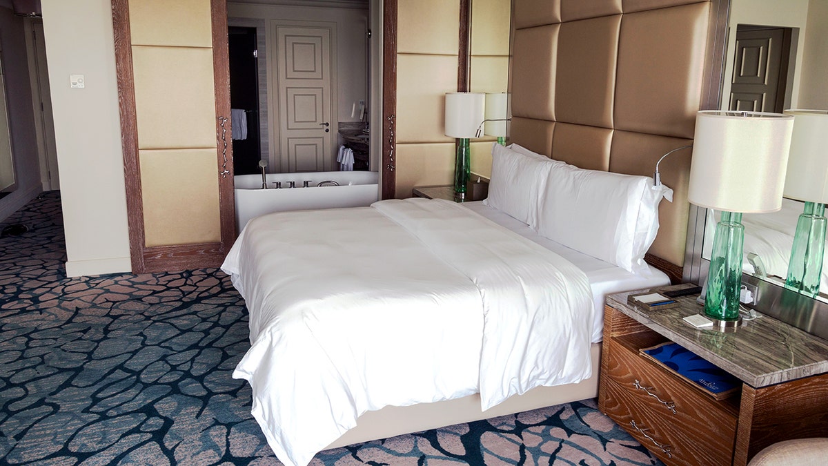 Side view of a hotel room.