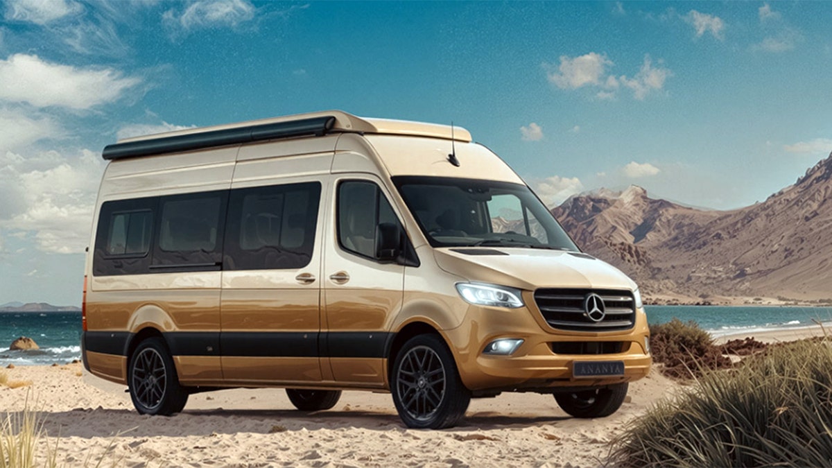 An AI generated image of a Robeta camper van parked on a beach