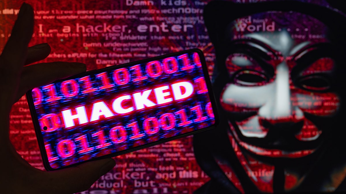 Graphic of a hacker wearing a Guy Fawkes mask.