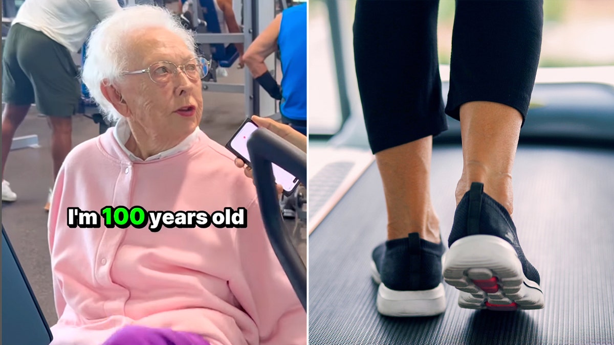 split image of 100 year old Ruth Lemay and feet walking on a treadmill