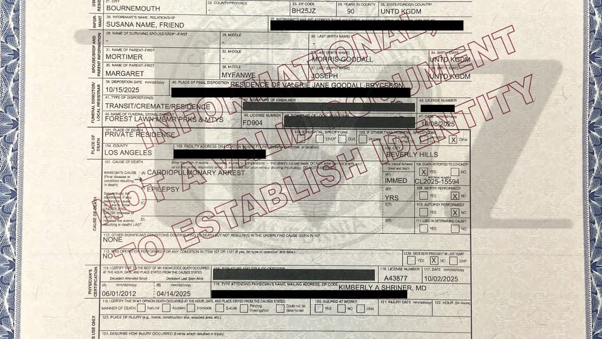Jane Goodall death certificate