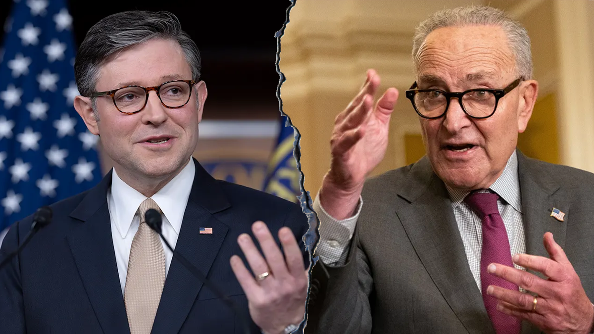 a split image of Speaker Mike Johnson and Leader Chuck Schumer