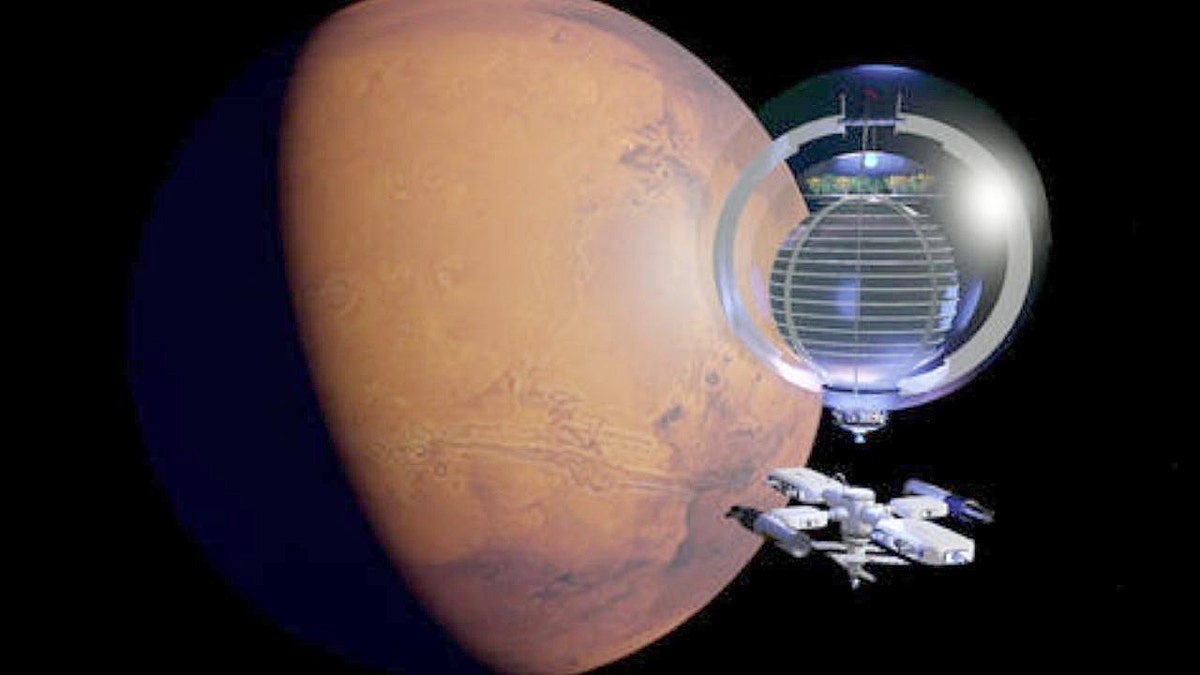 A mockup of a glass sphere in space