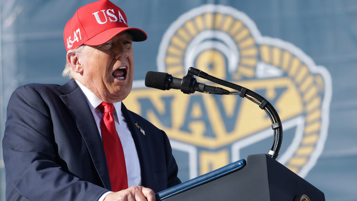 U.S. President Donald Trump gives a speech during the Navy 250 Celebration