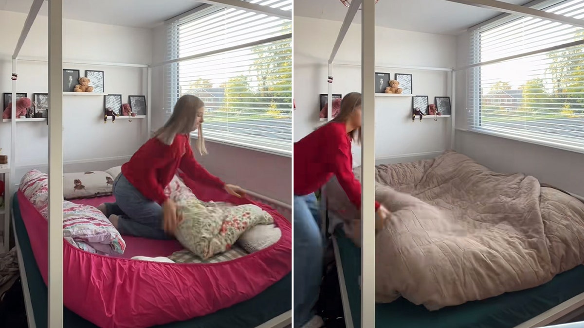 split image of screenshots from tiktok video of girl making potato bed