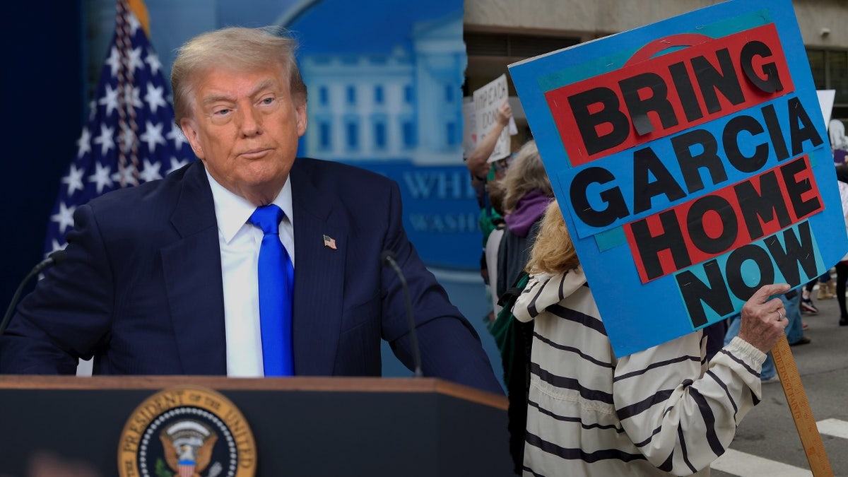 A side-by-side image of President Donald Trump and protesters holding signs in support of Kilmar Abrego Garcia, the Salvadorian migrant who was deported to El Salvador in March, in what Trump officials acknowledged was an "administrative error." (Photos by Getty Images)