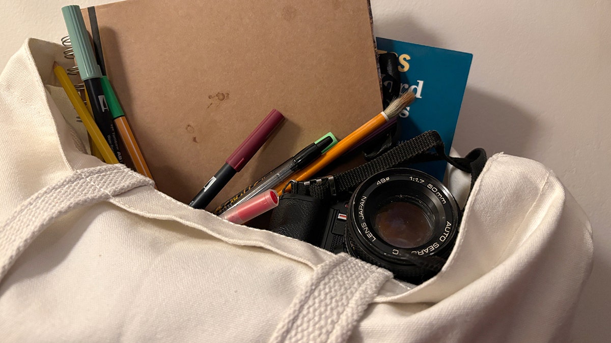 Example of an analog bag with camera, art supplies, books