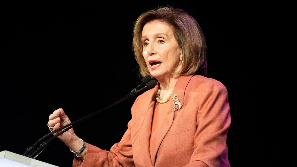 Nancy Pelosi speaks at a microphone