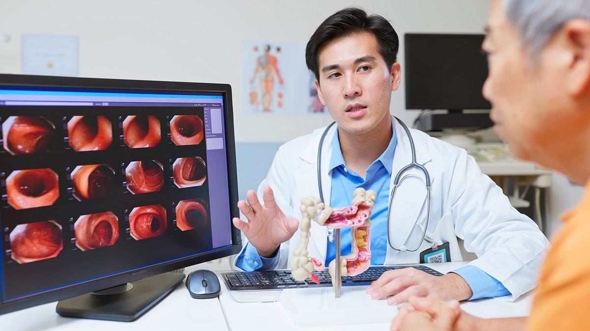 Male doctor using large intestine model with colonoscopy exam report on computer screen is explaining about colorectal cancer status to patient elderly man sitting at desk across from him.