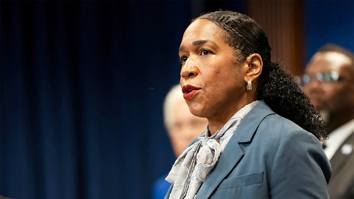 The Illinois lieutenant governor addresses reporters at a podium during a briefing about federal activity in the city.