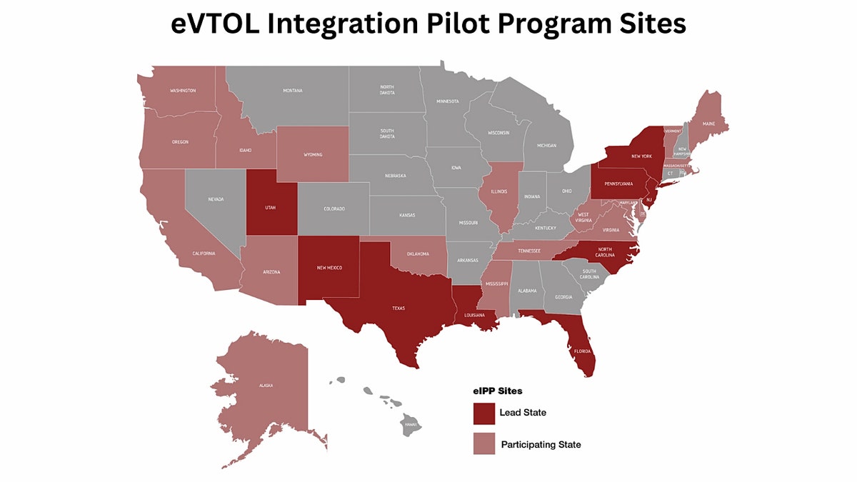 A map of the U.S. with states integrating eVTOLs in red
