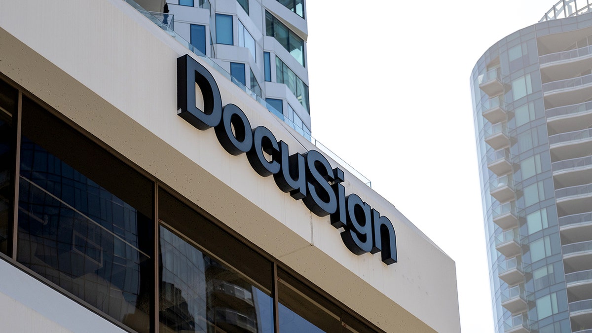 The exterior of a building is shown with a sign that reads "DocuSign."