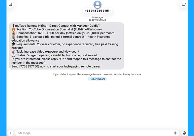 YouTube job scam text: How to spot it fast