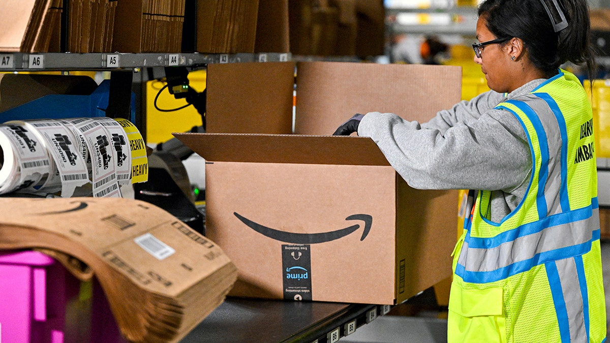 A worker loads an Amazon shipment in a warehouse.