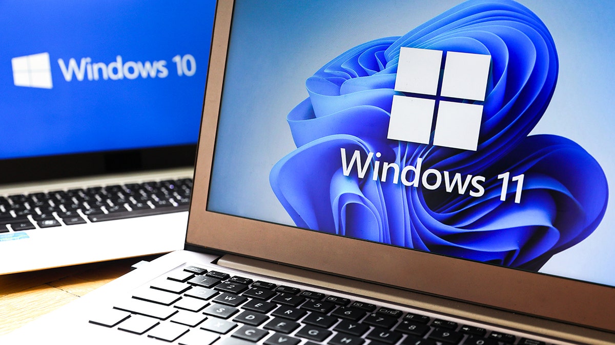 Laptop screens show logos for Windows 10 and Windows 11.