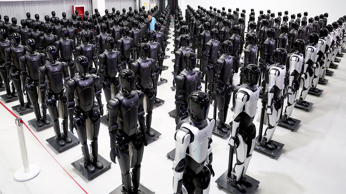 Rows of humanoid robots stand stationary in a room.