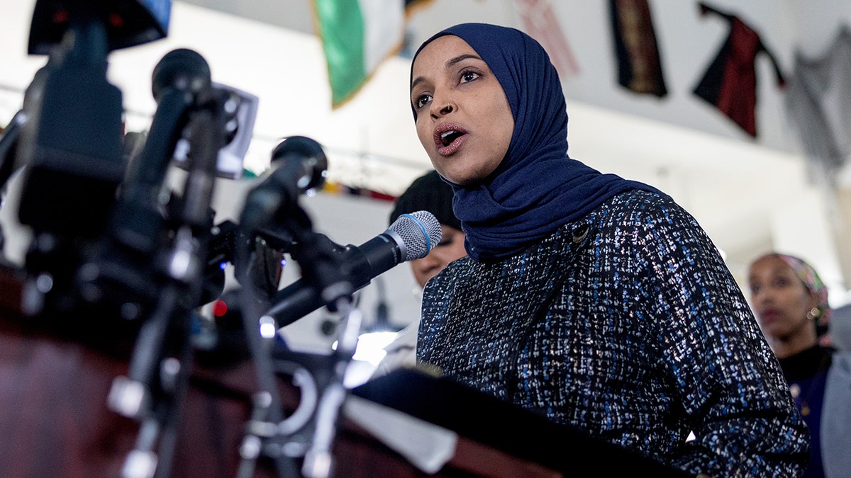 U.S. Rep. Ilhan Omar speaking at Karmel Mall in Minneapolis