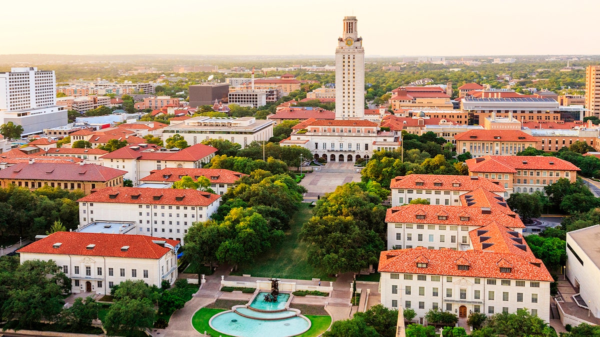 Aerial view of University of Texas at Austin campus at sunset