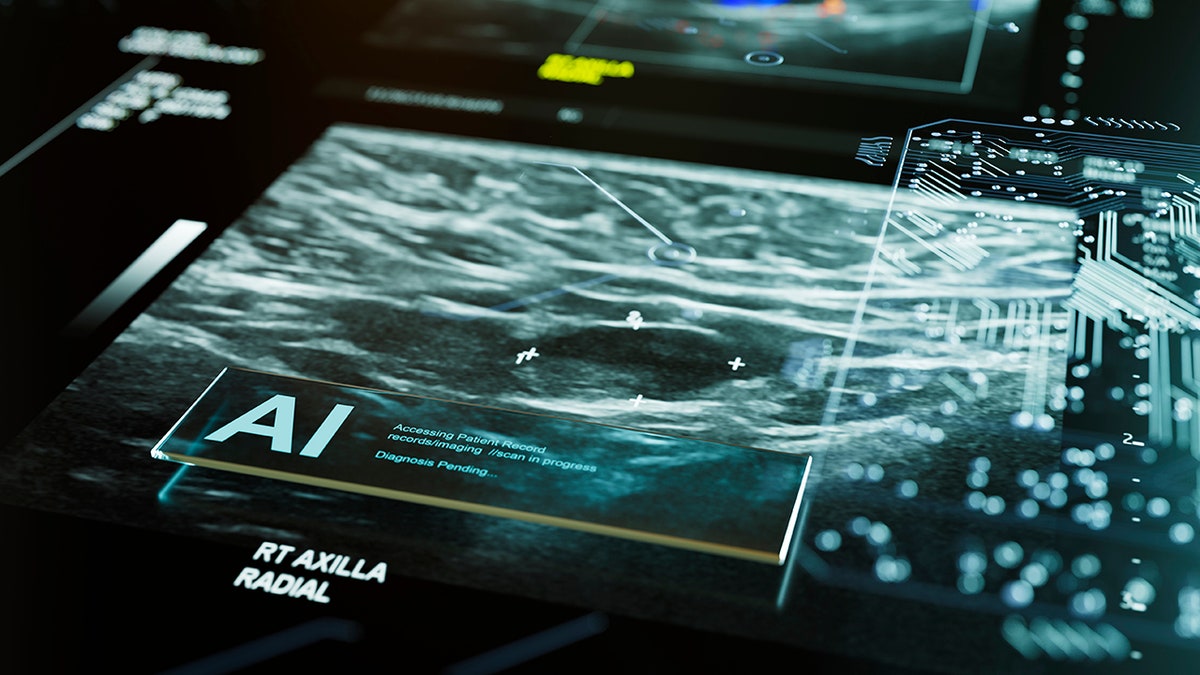 A digital medical imaging screen shows artificial intelligence analyzing a scan with data overlays and diagnostic indicators.